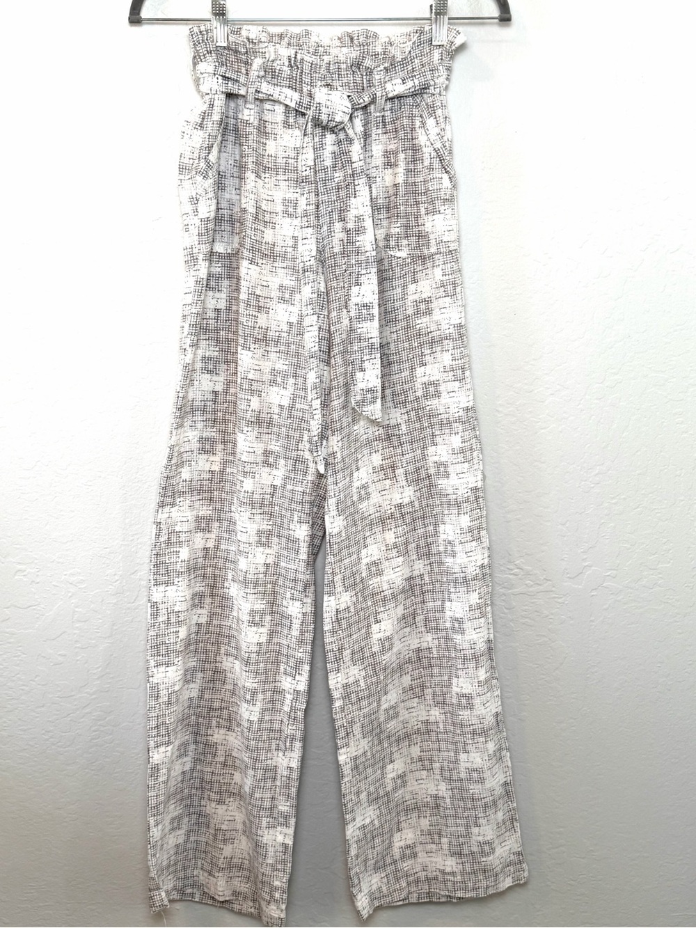 Rewash Boho Smocked Wide Leg Linen Blend Pants Gray White Small Coastal